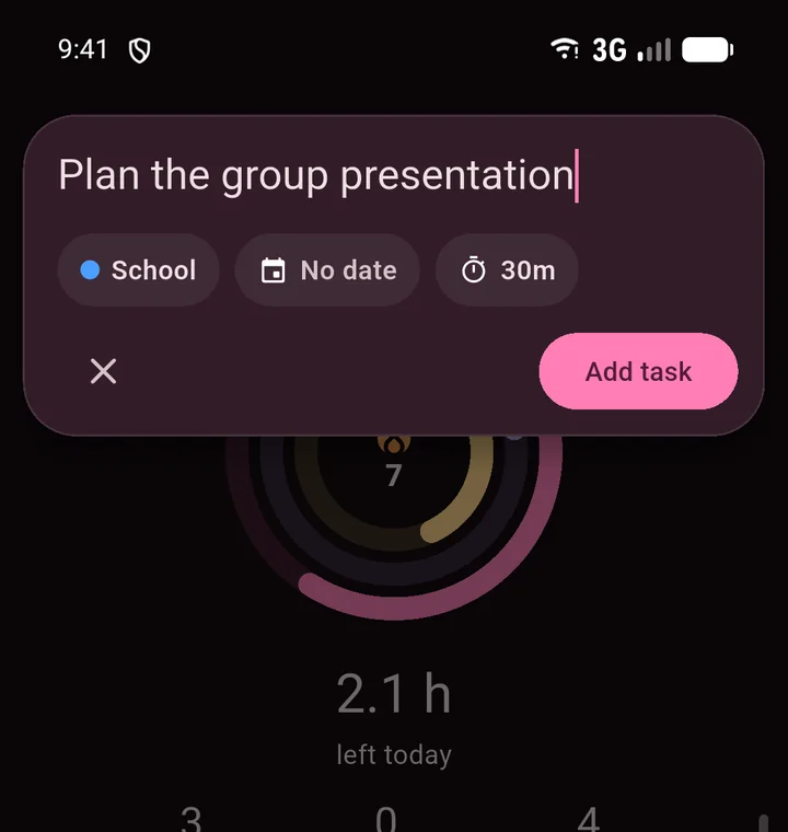 The add-task sheet on Android: a title, then list, date and time pills, and Add task.