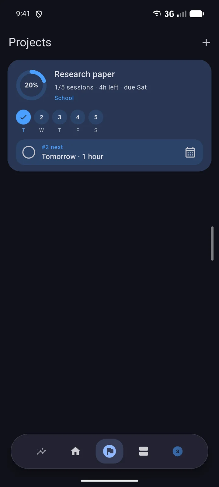 Projects on Android: a research paper split into five daily sessions, one done, with the next session ready to check off.